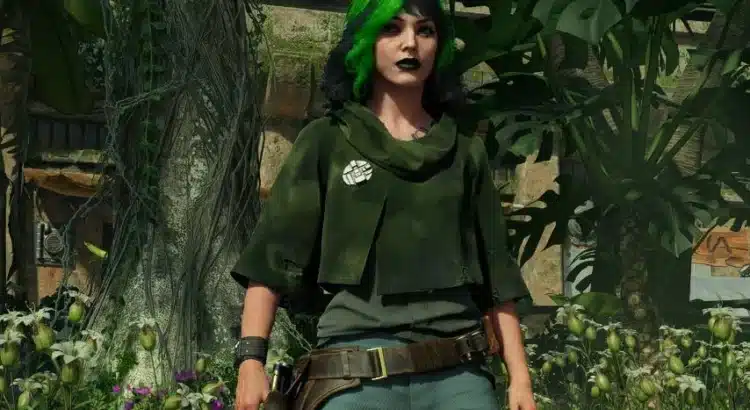 Kay Vess wearing the Forest Commando DLC outfit in a jungle environment in Star Wars Outlaws