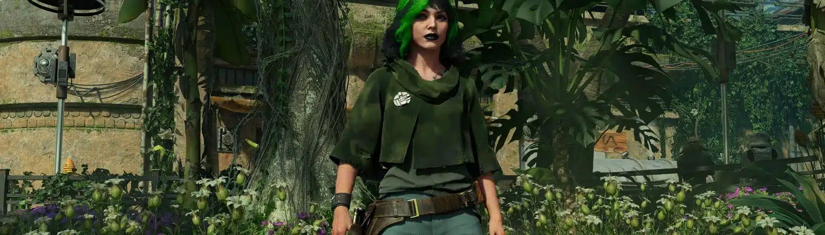 Kay Vess wearing the Forest Commando DLC outfit in a jungle environment in Star Wars Outlaws