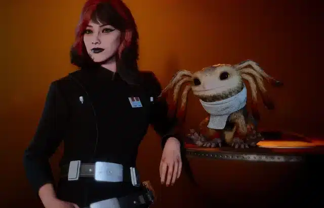 Imperial Navy officer skin mod in Star Wars Outlaws with Kay Vess and her companion