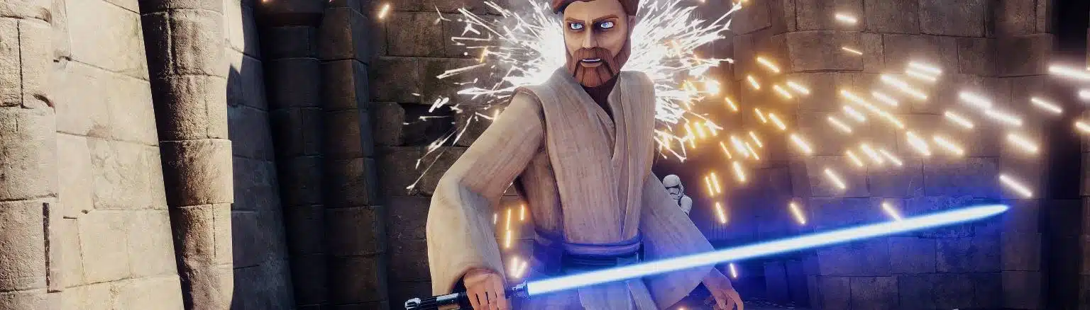 Clone Wars Obi-Wan Kenobi mod in Star Wars Battlefront II with lightsaber and sparks