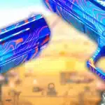 Dual pistols with vibrant blue and red psychedelic skin held in a desert map in Star Wars Battlefront II