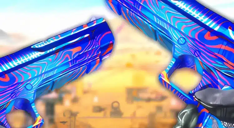 Dual pistols with vibrant blue and red psychedelic skin held in a desert map in Star Wars Battlefront II