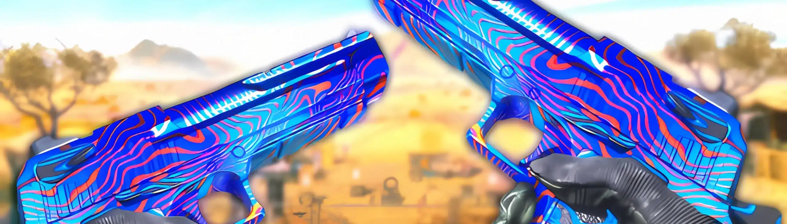 Dual pistols with vibrant blue and red psychedelic skin held in a desert map in Star Wars Battlefront II