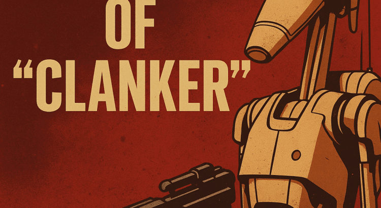 A stylized poster of a Star Wars battle droid with the phrase “The Rise of Clanker”