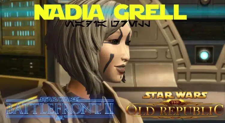 Close-up of Nadia Grell from SWTOR with Star Wars: Battlefront II and The Old Republic logos