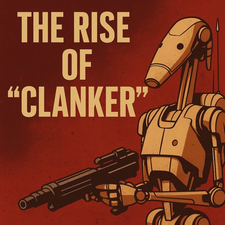 A stylized poster of a Star Wars battle droid with the phrase “The Rise of Clanker”