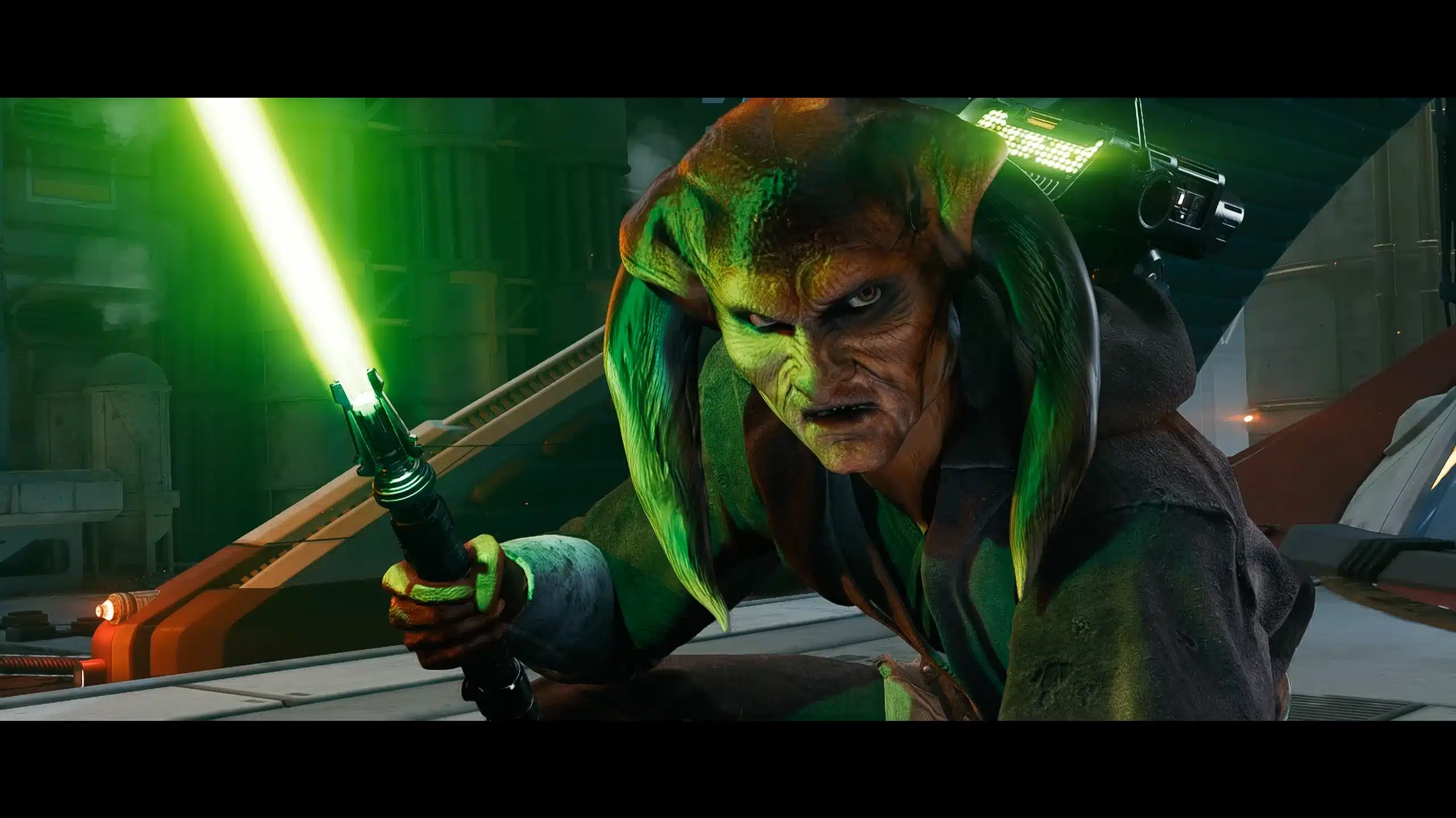Iktotchi Jedi wielding a green lightsaber in Star Wars Jedi: Survivor