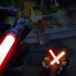 LEGO Darth Revan holding red and purple lightsabers in animated Star Wars scene