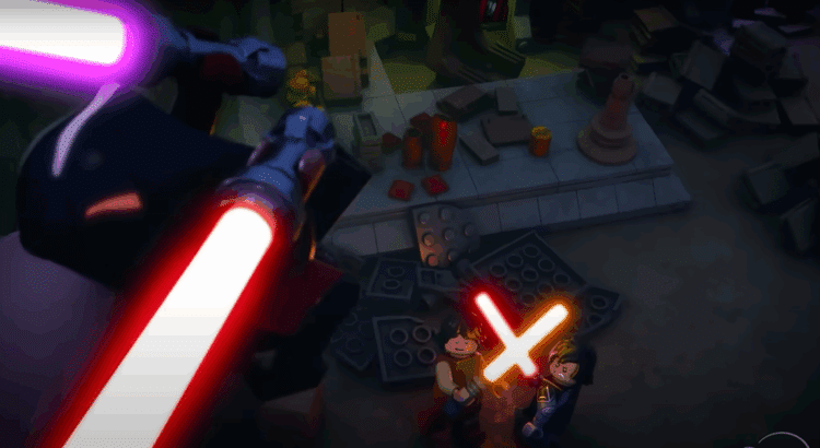 LEGO Darth Revan holding red and purple lightsabers in animated Star Wars scene
