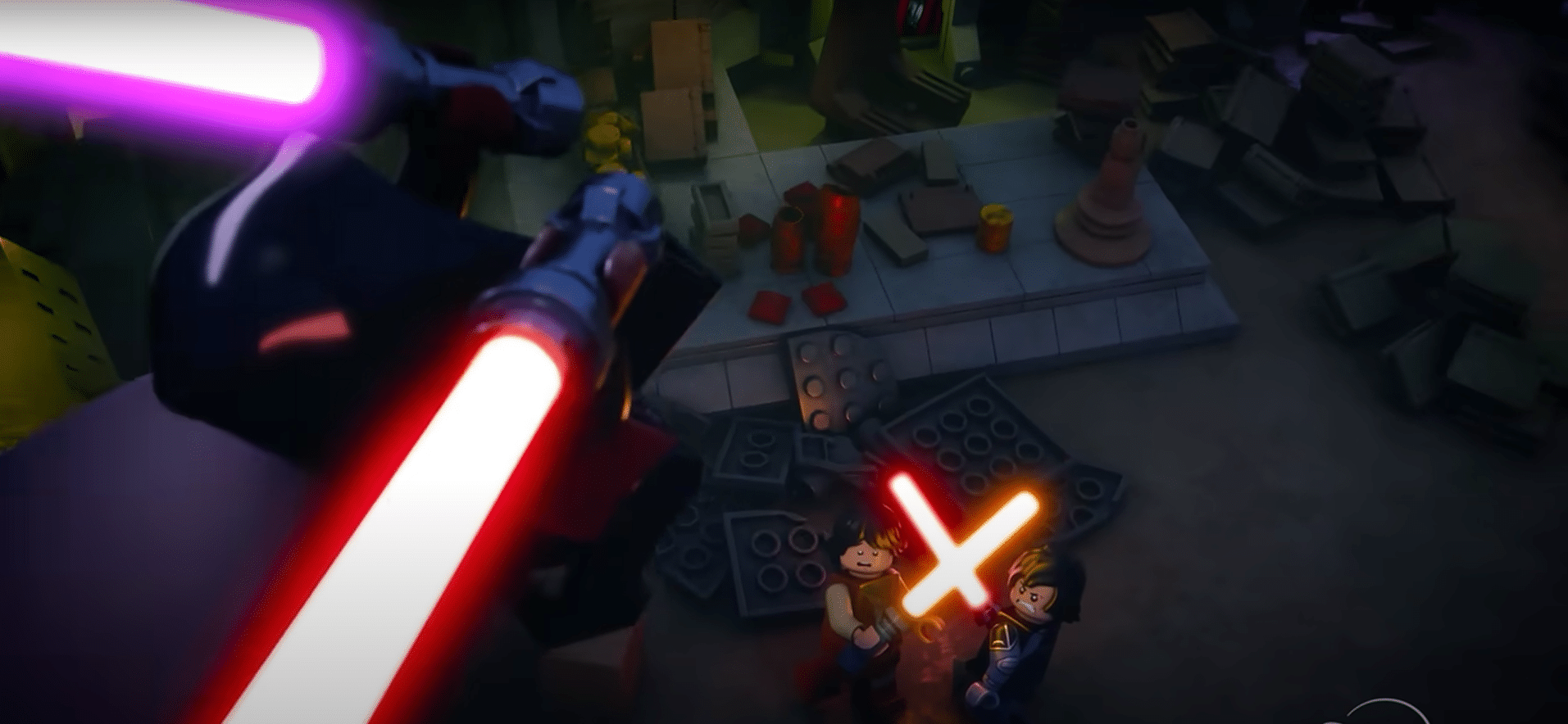 LEGO Darth Revan holding red and purple lightsabers in animated Star Wars scene