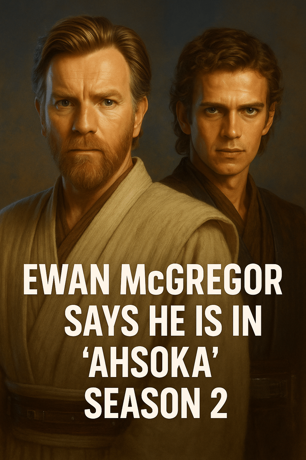 Obi-Wan Kenobi and Anakin Skywalker promotional artwork with bold headline announcing Ewan McGregor’s role in Ahsoka Season 2.