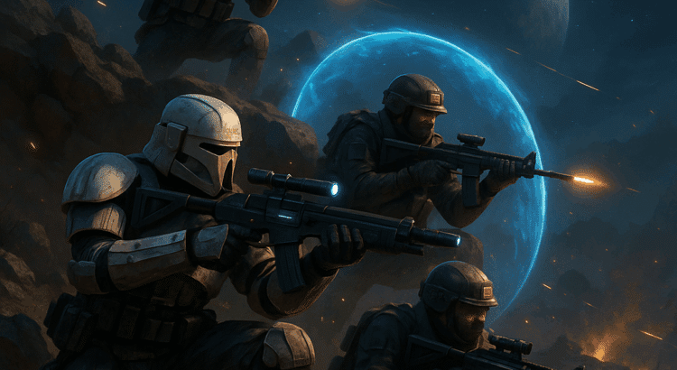 Futuristic soldiers in tactical armor engaging in a sci-fi battlefield under a starry sky with a large planet in the background