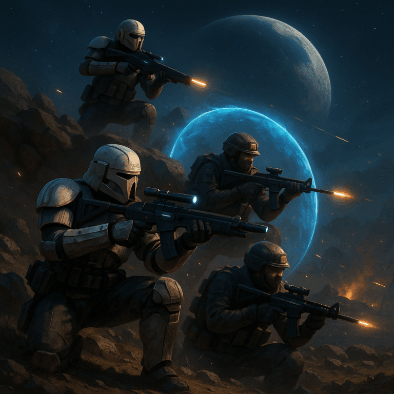 Futuristic soldiers in tactical armor engaging in a sci-fi battlefield under a starry sky with a large planet in the background