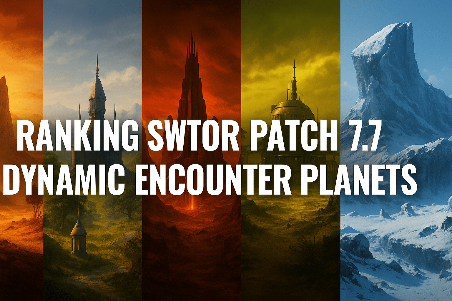 Scenic digital artwork of Tython from Star Wars: The Old Republic, featuring ancient Jedi temples, lush valleys, and twin suns in the sky.