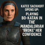 Bo-Katan Kryze standing in a spotlight with a somber Star Wars background, symbolizing Katee Sackhoff’s emotional journey as the character.