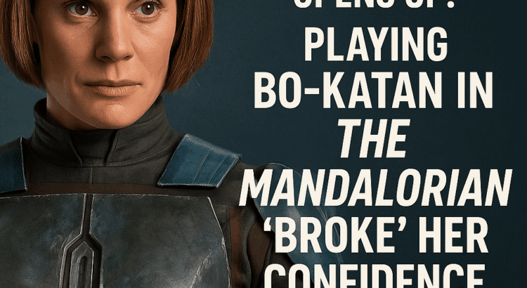 Bo-Katan Kryze standing in a spotlight with a somber Star Wars background, symbolizing Katee Sackhoff’s emotional journey as the character.