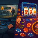 Split-screen banner showing a PC gamer playing an RPG with quests and a vibrant casino scene with slots and roulette