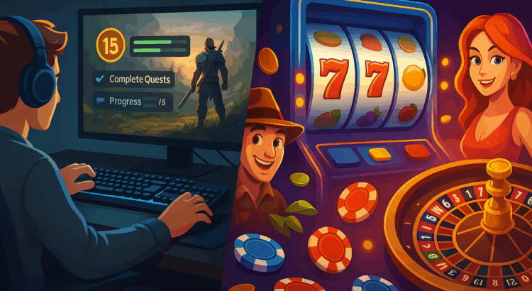 Split-screen banner showing a PC gamer playing an RPG with quests and a vibrant casino scene with slots and roulette