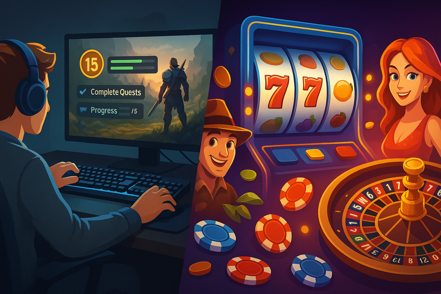 Split-screen banner showing a PC gamer playing an RPG with quests and a vibrant casino scene with slots and roulette