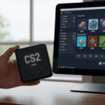 Person holding a CS2 case in front of a computer screen showing Counter-Strike 2 skins and cases