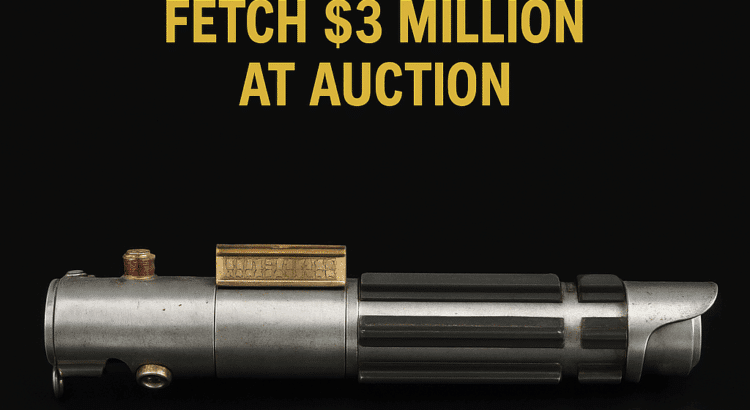 Darth Vader’s original Star Wars lightsaber prop with auction headline on black background.
