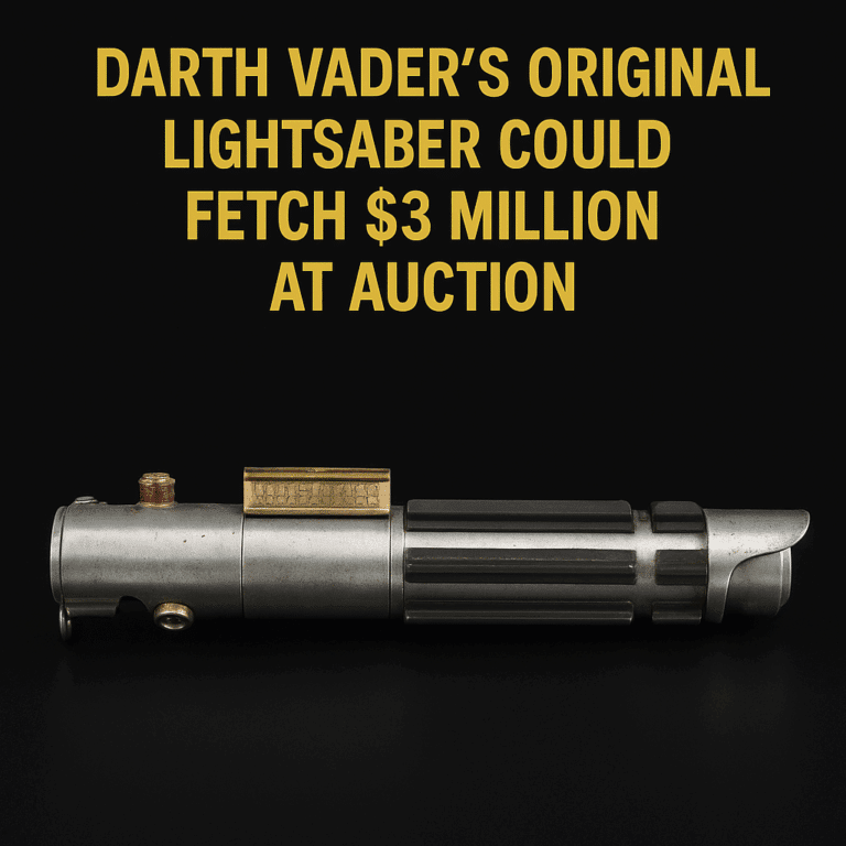Darth Vader’s original Star Wars lightsaber prop with auction headline on black background.