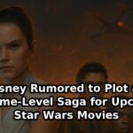 Rey Skywalker, Poe Dameron, Finn, and Ahsoka Tano in cinematic Star Wars battle scene with headline text about Disney’s rumored Endgame-level saga