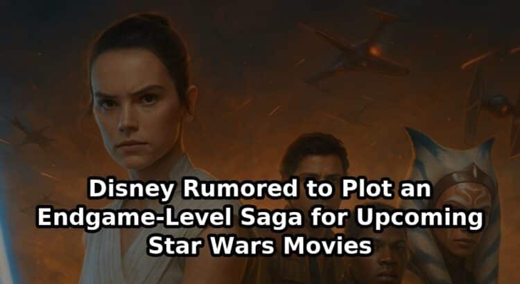 Rey Skywalker, Poe Dameron, Finn, and Ahsoka Tano in cinematic Star Wars battle scene with headline text about Disney’s rumored Endgame-level saga