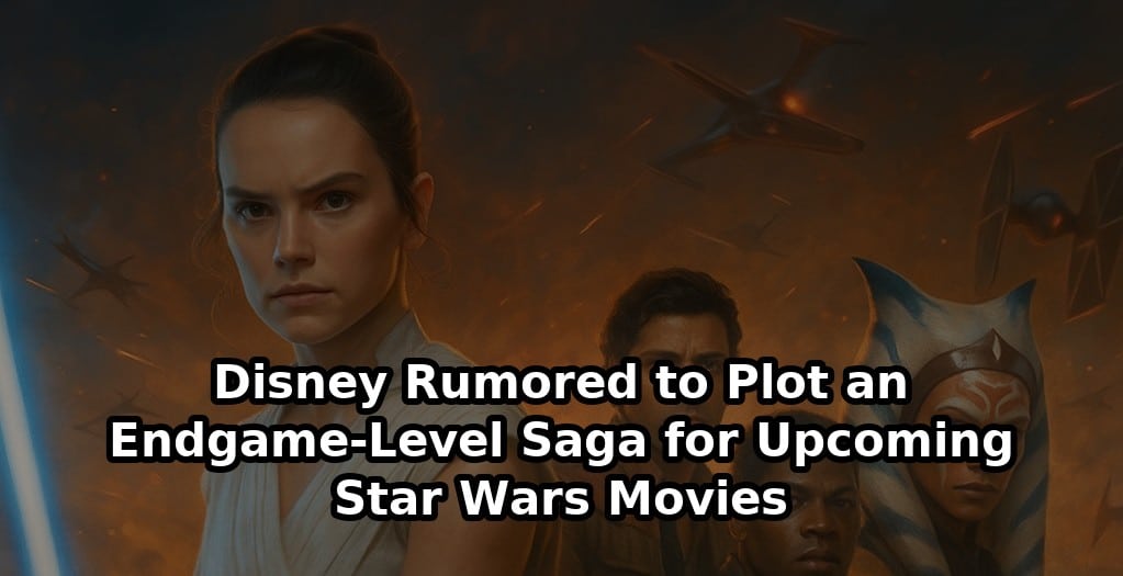 Rey Skywalker, Poe Dameron, Finn, and Ahsoka Tano in cinematic Star Wars battle scene with headline text about Disney’s rumored Endgame-level saga