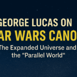 Header image with bold text “George Lucas on Star Wars Canon” against a starry space background.