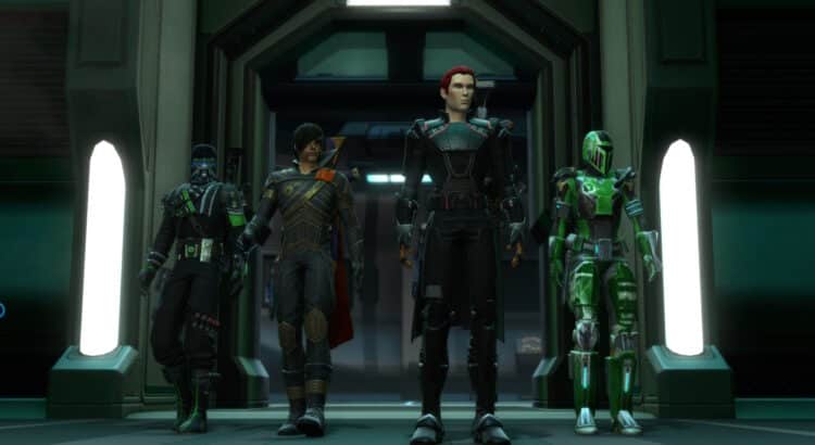 Four SWTOR characters walk side-by-side through a futuristic corridor in full gear