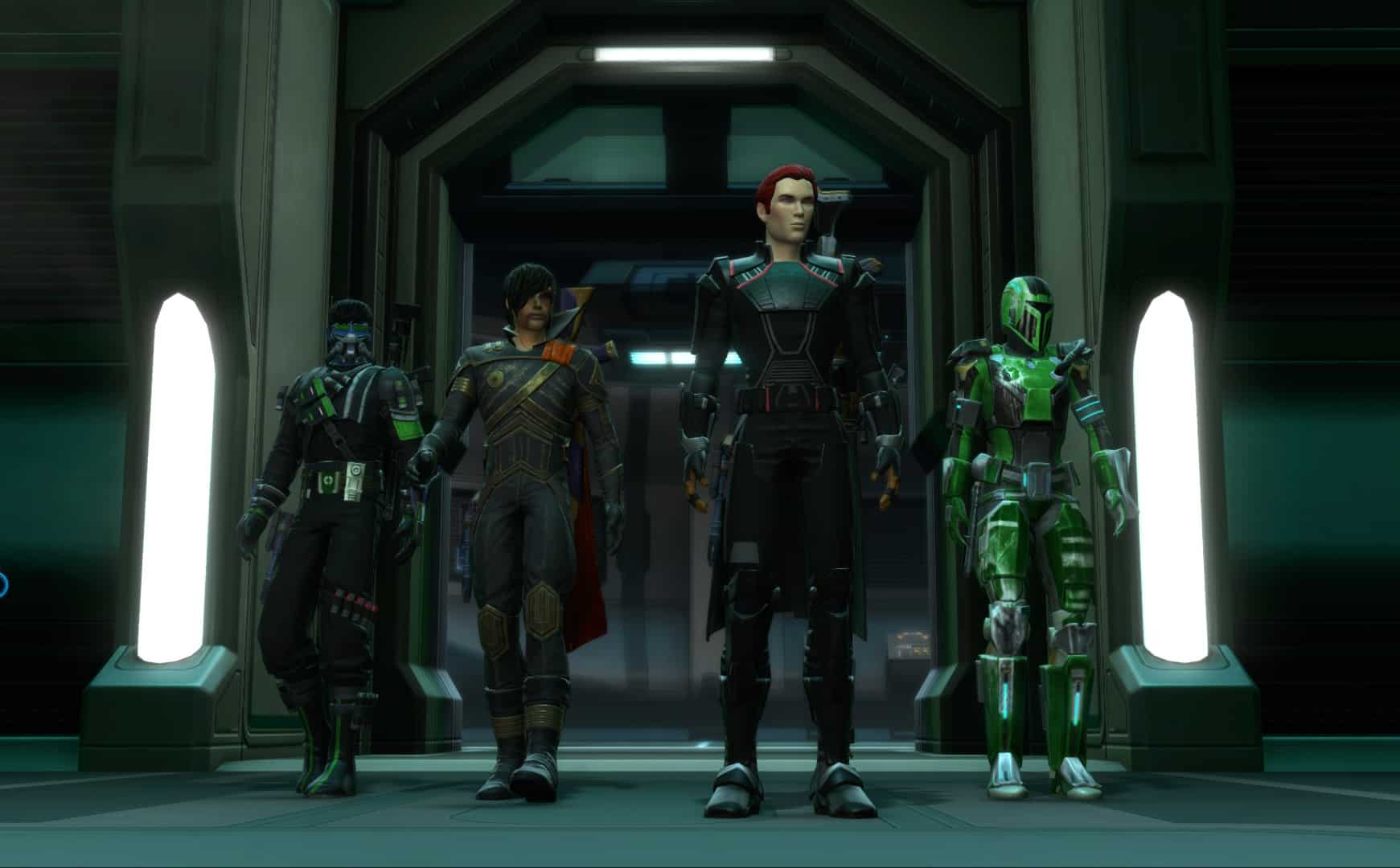 Four SWTOR characters walk side-by-side through a futuristic corridor in full gear