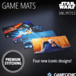 Four new Star Wars: Unlimited Secrets of Power Game Mats with premium stitching, featuring cinematic Star Wars designs