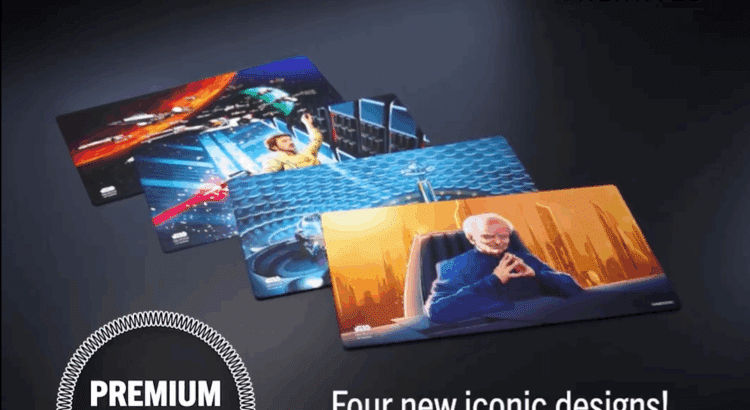 Four new Star Wars: Unlimited Secrets of Power Game Mats with premium stitching, featuring cinematic Star Wars designs