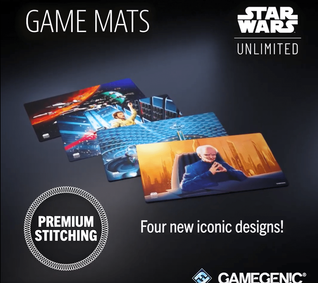 Four new Star Wars: Unlimited Secrets of Power Game Mats with premium stitching, featuring cinematic Star Wars designs
