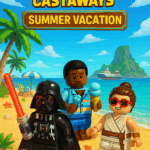 LEGO Star Wars Castaways Summer Vacation event featuring tropical minifigures on a beach with palm trees and themed vehicles