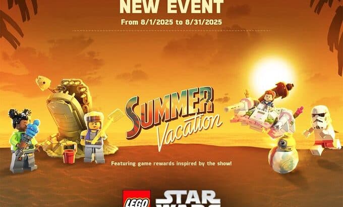 LEGO Star Wars Castaways Summer Vacation event promotional image with LEGO minifigures on a tropical beach