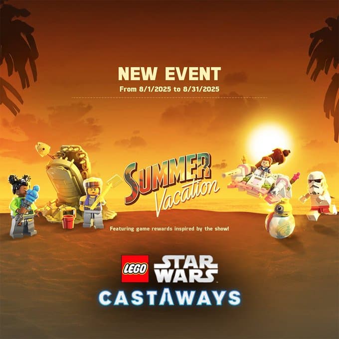 LEGO Star Wars Castaways Summer Vacation event promotional image with LEGO minifigures on a tropical beach