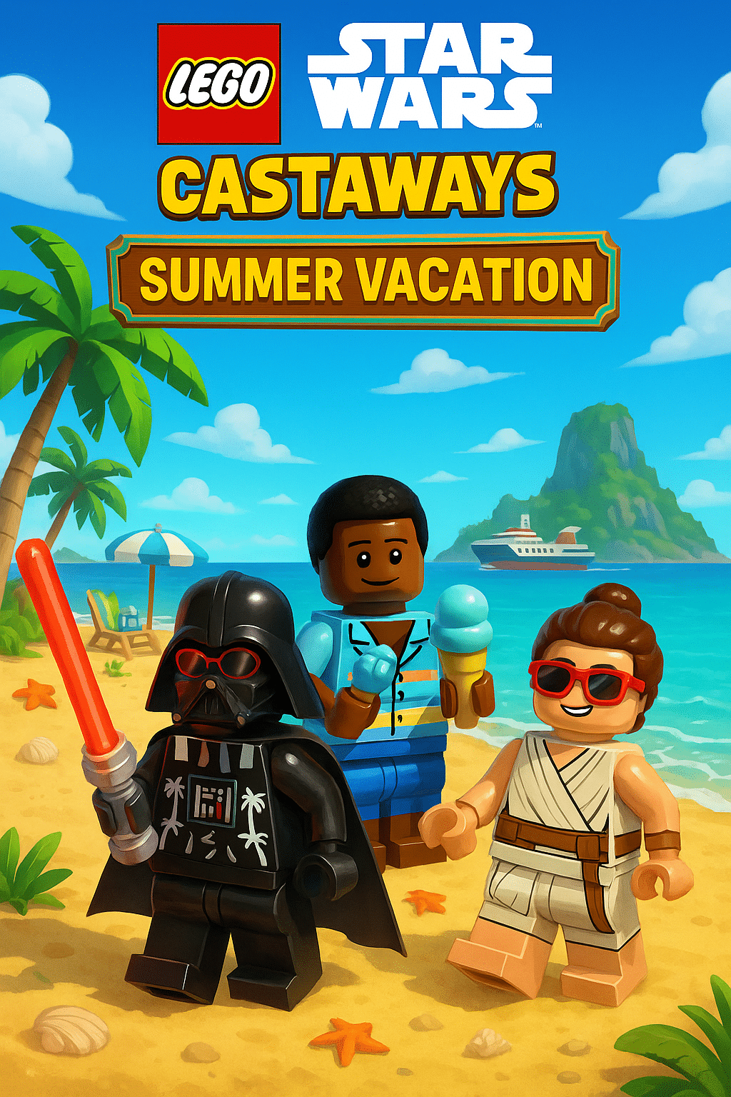 LEGO Star Wars Castaways Summer Vacation event featuring tropical minifigures on a beach with palm trees and themed vehicles