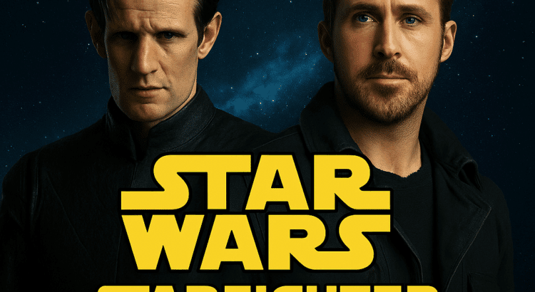Matt Smith and Ryan Gosling in a Star Wars: Starfighter promotional image with title text and galactic background