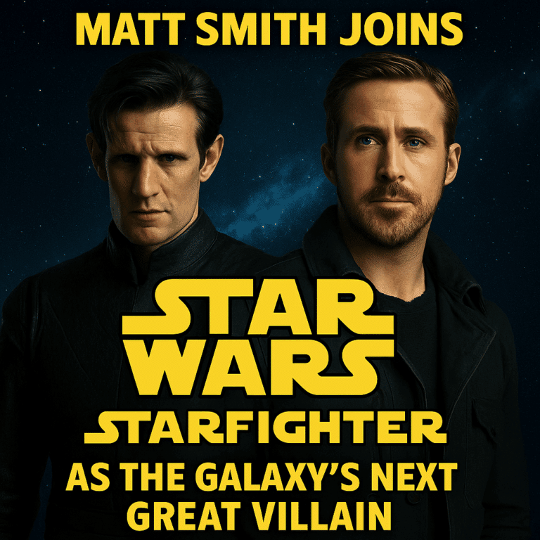 Matt Smith and Ryan Gosling in a Star Wars: Starfighter promotional image with title text and galactic background