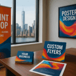 Modern New York office with custom print shop materials including banner, flyers, and posters