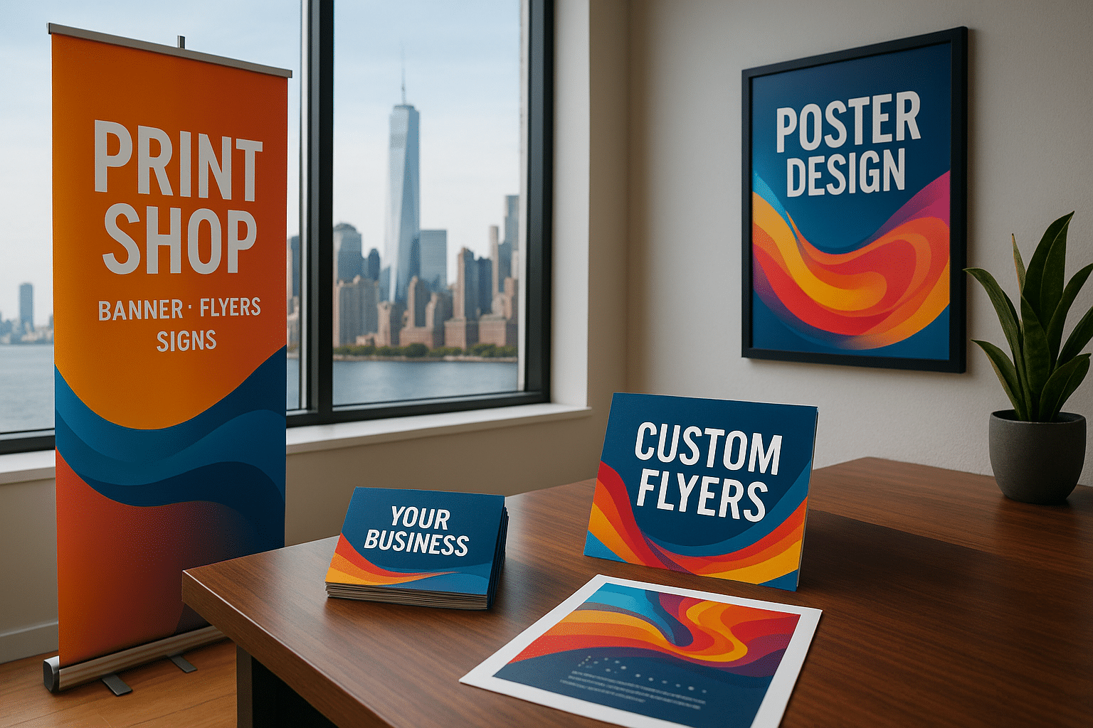Modern New York office with custom print shop materials including banner, flyers, and posters