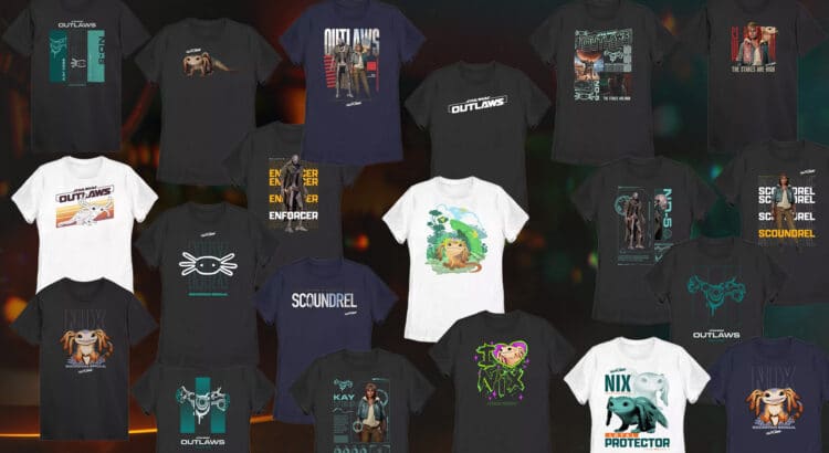A collage of Star Wars Outlaws T-shirts featuring characters like Kay Vess, Nix, and ND-5 from Hot Topic and BoxLunch