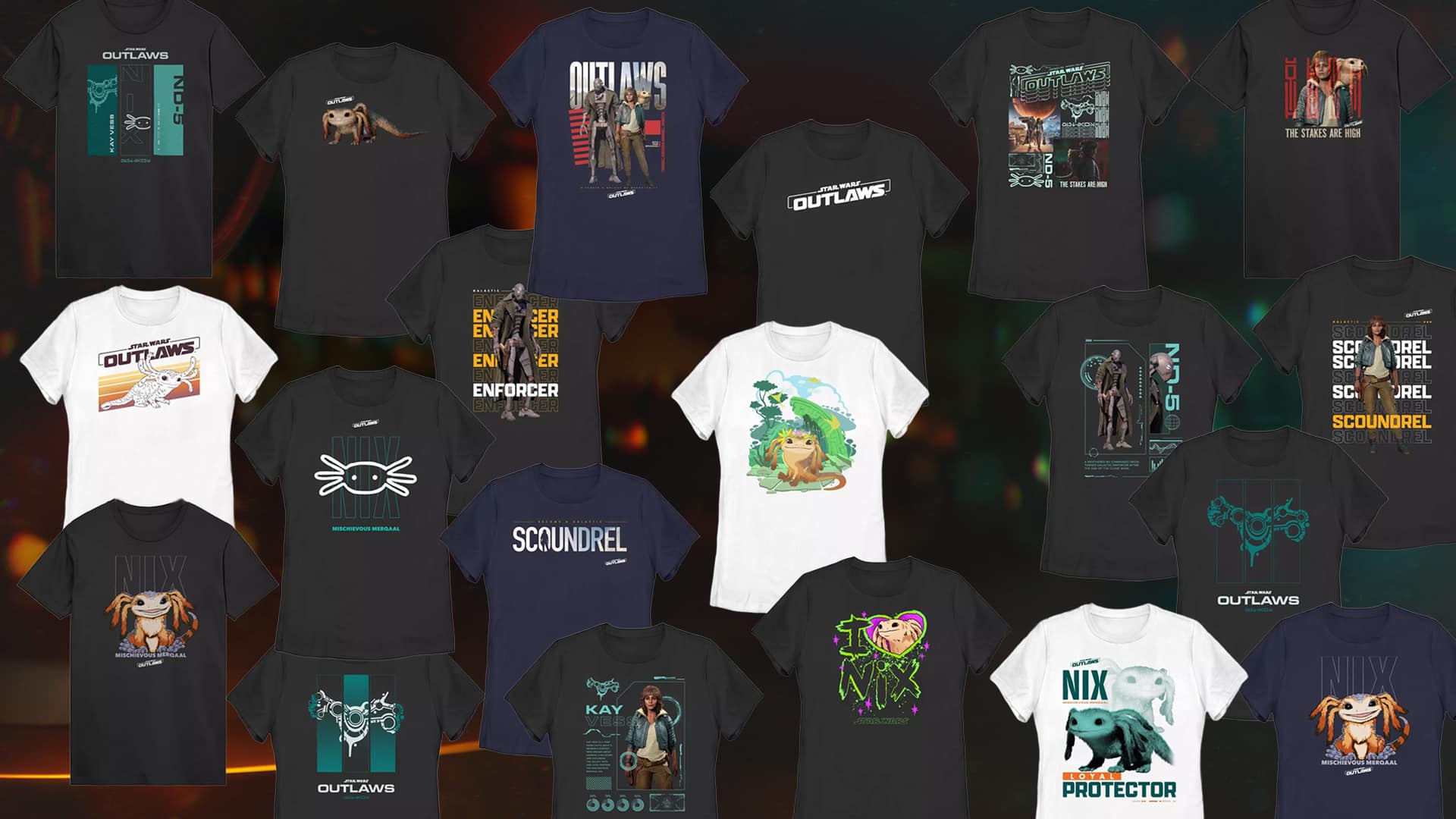 A collage of Star Wars Outlaws T-shirts featuring characters like Kay Vess, Nix, and ND-5 from Hot Topic and BoxLunch