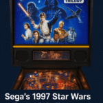 Sega’s 1997 Star Wars Trilogy pinball machine with vibrant backglass artwork, playfield view, and article title overlay