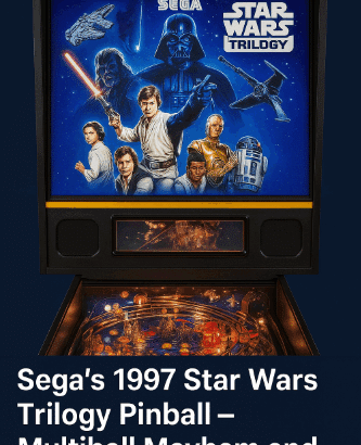 Sega’s 1997 Star Wars Trilogy pinball machine with vibrant backglass artwork, playfield view, and article title overlay