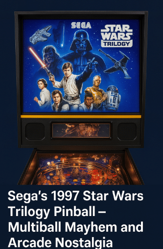 Sega’s 1997 Star Wars Trilogy pinball machine with vibrant backglass artwork, playfield view, and article title overlay