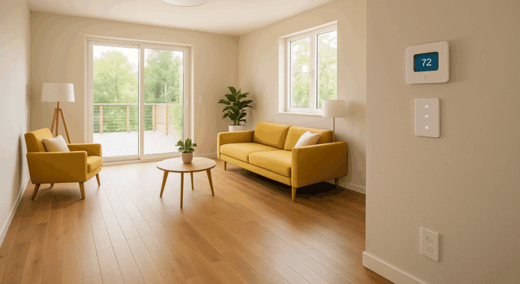Modern renovated living room with smart thermostat and energy-efficient windows