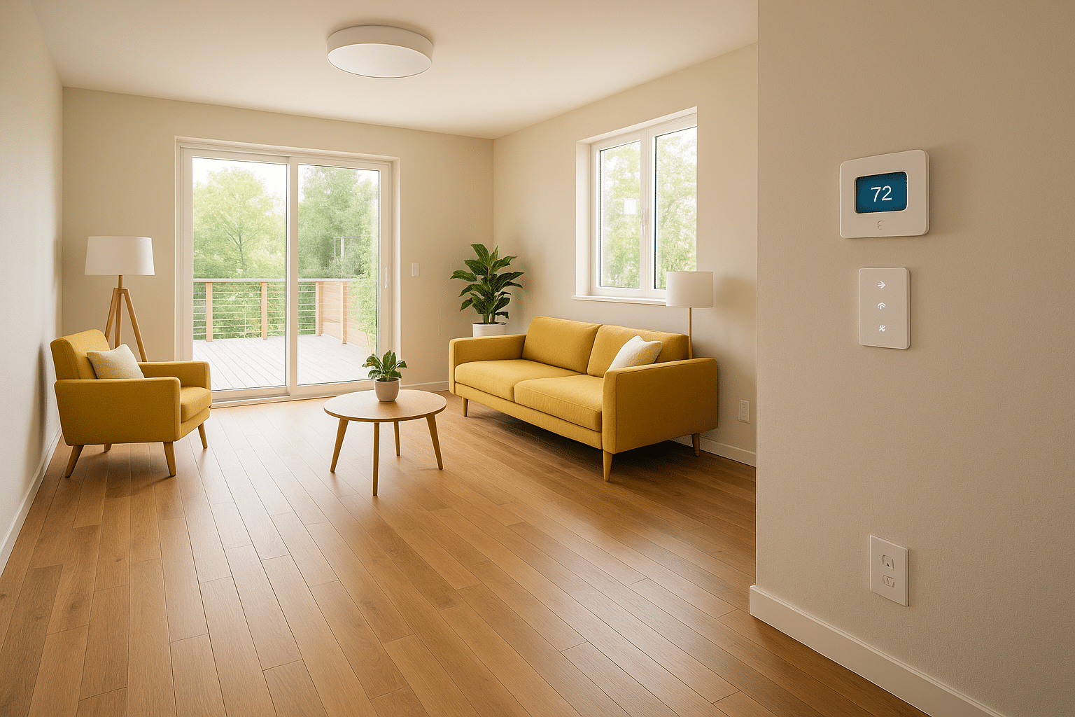 Modern renovated living room with smart thermostat and energy-efficient windows